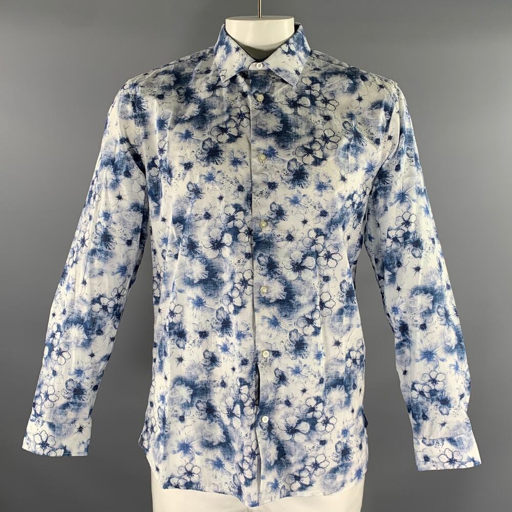 TED BAKER Size L Blue White Floral Cotton Button Up Long Sleeve Shirt